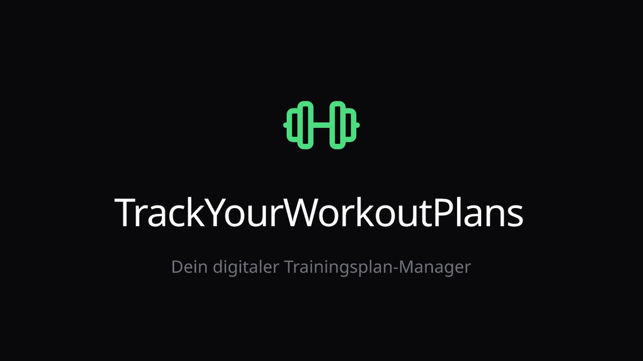 Markenbild von TrackYourWorkoutPlans: Hantel-Symbol über dem Schriftzug „TrackYourWorkoutPlans – Dein digitaler Trainingsplan-Manager".